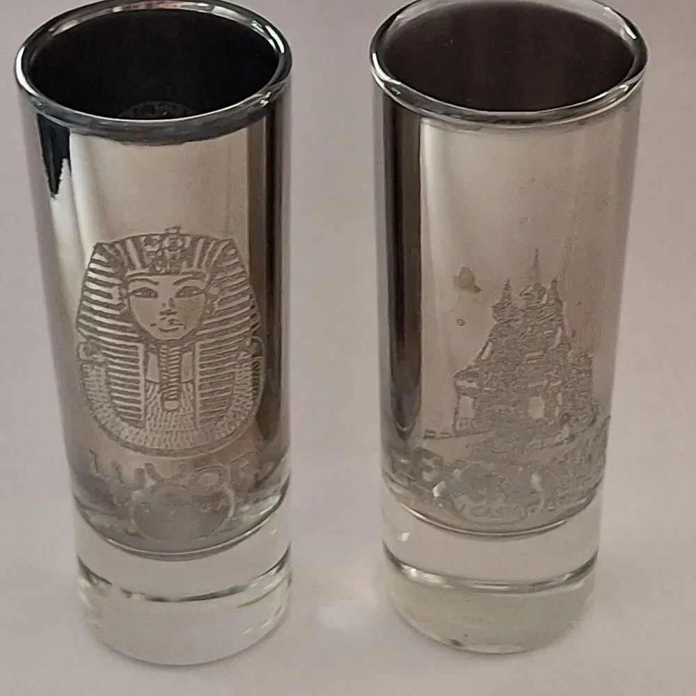 2 VTG Excalibur & Luxor Hotel Casino Las Vegas Tall Shooter Shot Glasses Barware
